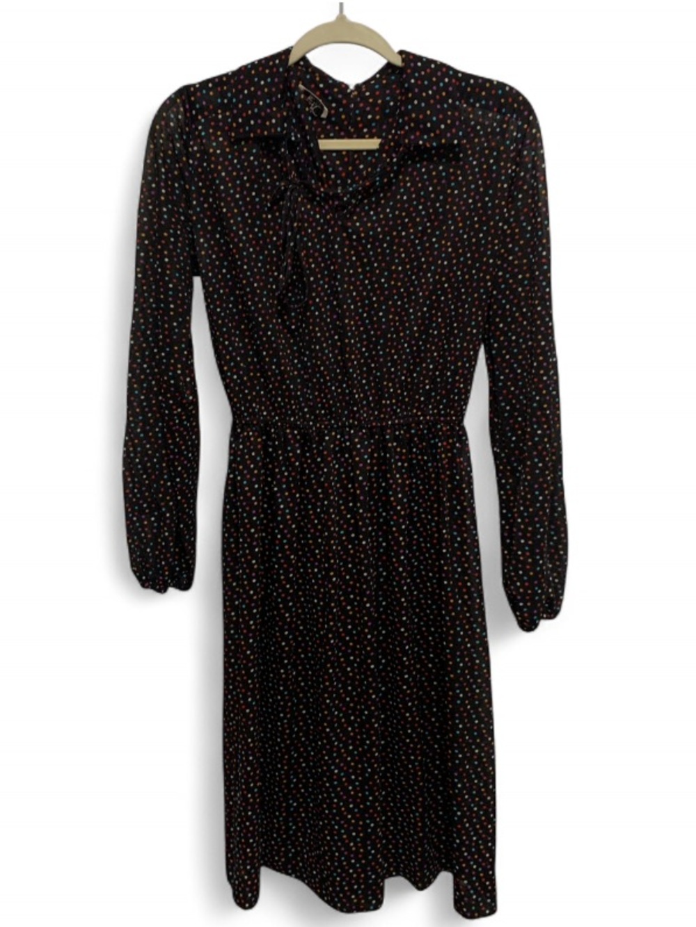 Polka Dot Long Sleeve Tie-Neck Dress - Black